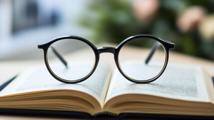 A pair of stylish round glasses rests on an open book, highlighting the themes of reading and knowledge.