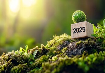 Green Sphere on Cork Block with 2025 in Mossy Forest Setting