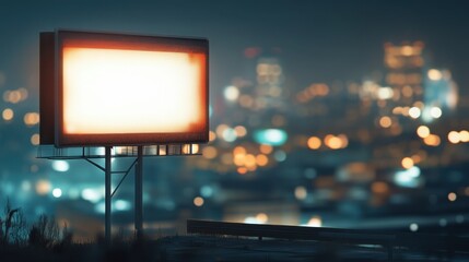 A glowing billboard stands in a cityscape at night, illuminated against a backdrop of blurred lights, creating a striking urban scene.