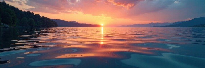 Obraz premium Softly glowing waves on a serene lake at sunset, warm sunlight, natural beauty, relaxing scene