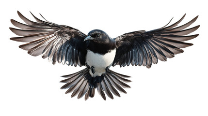 Naklejka premium A magpie in majestic flight, wings outstretched against a stark white background, showcasing its striking black and white plumage with incredible detail.