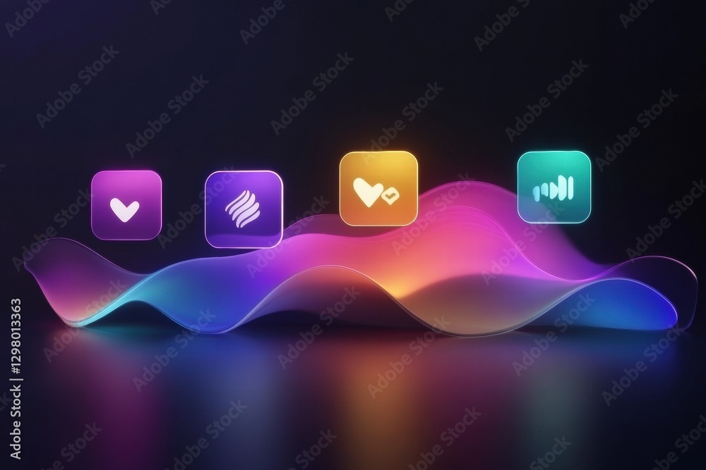 Poster colorful wave design with icons representing audio, love, and creativity in a modern digital setting
