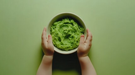 Baby Hands Holding Bowl of Green Mashed Food on Green Background
