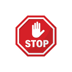 Stop sign with hand icon in flat style. Traffic control vector illustration on isolated background. Attention sign business concept.