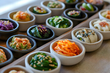 Assortment of colorful korean banchan dishes served in ceramic bowls