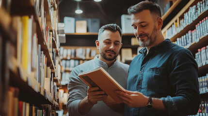 Fototapeta premium Two Men Enjoying a Moment Together in a Cozy Library Surrounded by Bookshelves and Literature
