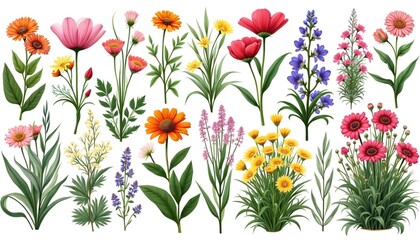 Fototapeta premium Isolated set of spring flowers, herbs on white background. Blossom, green stems, branch drawing for greeting card. Garden vintage watercolor floral bouquet, plant elements for wedding invitation.