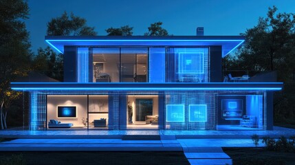 Fototapeta premium Smart home at night, illuminated with blue LED lights, showcasing interior screens.