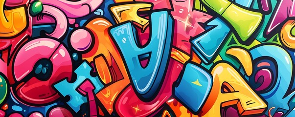 Naklejka premium A Symphony of Colors: A vibrant and energetic abstract graphic design features a playful explosion of colorful letters and shapes, creating a bold and visually stimulating pattern.