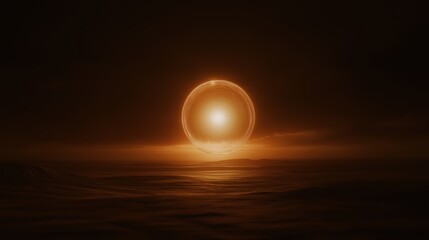 Digital illustration of a planet in the sky. the planet is in the center of the image, with a bright orange glow radiating from its center.