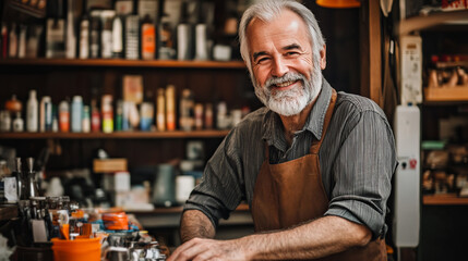 Happy elderly man with gray beard in apron smiling at the camera in a cozy workshop setting with art supplies