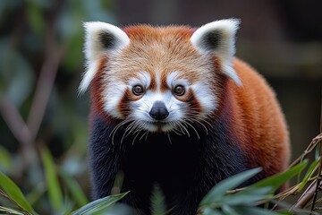 A close-up of a red panda curiously gazing at the viewer amidst lush green foliage in a tranquil setting