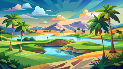 Obraz premium Scenic golf course with a lake, palm trees, and clear skies