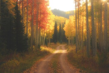 Obraz premium Winding path through vibrant autumn forest, sunlight filtering t