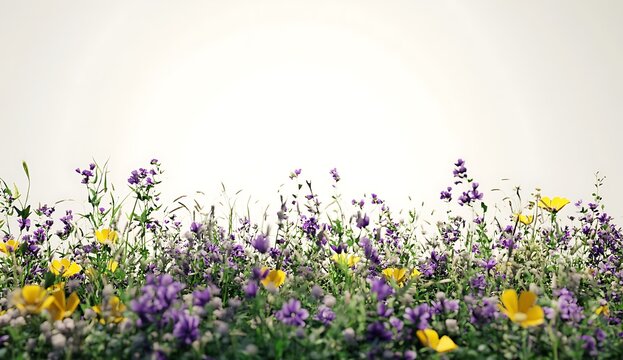 Blooming Meadow's Floral Symphony: A vibrant meadow of wildflowers bursts with colors of purple and yellow, creating a sense of natural beauty and spring.