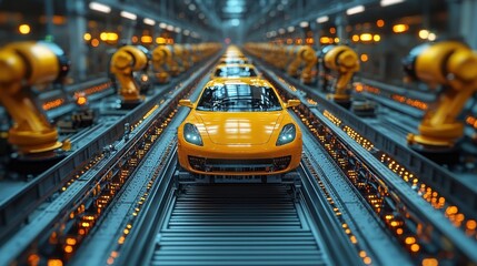An orange car on an assembly line surrounded by robotic arms, depicting high-tech automation in vehicle manufacturing.