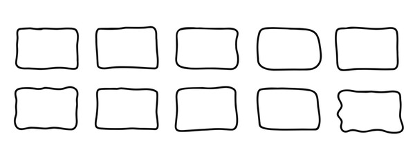 Rectangle border frame set. Hand drawn doodle wavy curve deformed textured frames. Border sketch. Vector illustration isolated on a white background.