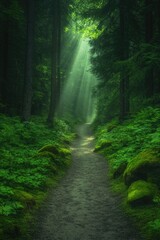 Fototapeta premium Mysterious forest path illuminated by soft sunlight filtering th