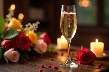 Toasted champagne glass on a wooden table, surrounded by candles and fresh flowers, toast, wooden table, champagne