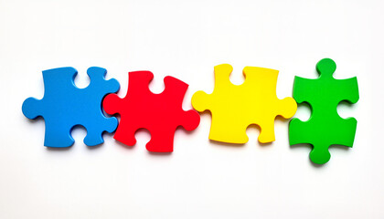 Obraz premium Colorful puzzle pieces aligned on white background, symbolizing neurodiversity and inclusion