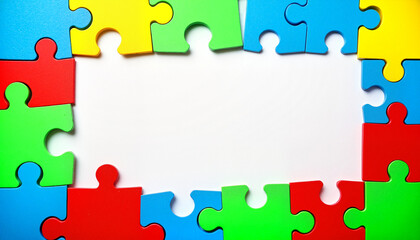 Colorful puzzle pieces forming a circular pattern around an empty space, symbolizing unity and support for National Autism Awareness Month