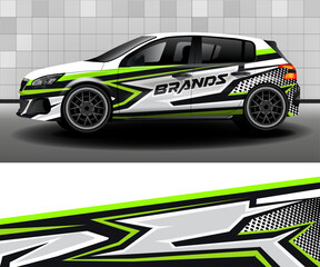 Delivery van vector design. Car design development for company. Black background with green and white abstract stripes for vinyl car decal.