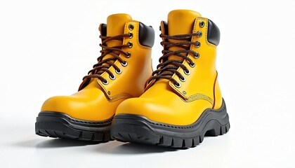 Pair of yellow leather safety boots. Protective work footwear with strong black sole isolated on white background. Sturdy construction, industrial heavy-duty shoes with brown laces and ankle support.