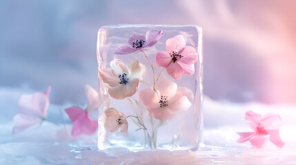 Pretty flowers frozen in an ice cube with soft color tone style background.