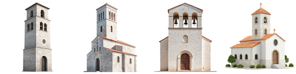 Fototapeta premium Charming church with a tall distinctive bell tower set against the backdrop of a quaint historic European town The traditional architectural style such as the stone facade and pointed spires