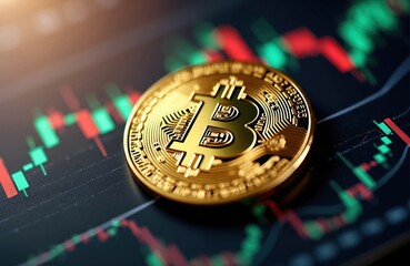 Close-up gold bitcoin coin on price chart, reflects growth cryptocurrency. Crypto exchange financial graphs for bitcoin, investment banner, stock market sell, trade, digital money success.