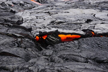 Active lava flows over old lava field in Hawaii
