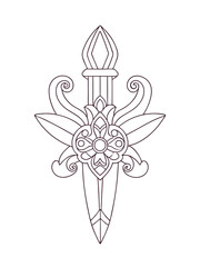 Ornate Dagger with Floral Engravings – Decorative Adult Coloring Page on White Background