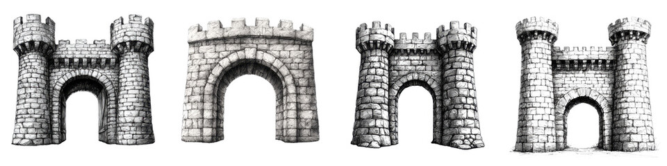 Detailed Monochrome of Majestic Medieval Castles and Fortresses with Stone Walls Towers and Arched Entrances in a Historic Architectural and Landscape Setting