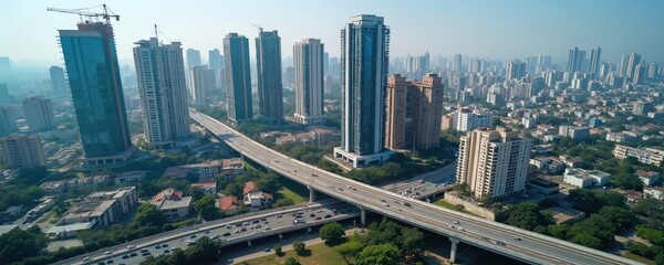 Aerial view of Hyderabad cityscape, hub in India. Modern tall buildings, skyscrapers overpass, dense urban development. Cityscape illustrates India economic growth, urban planning, modern