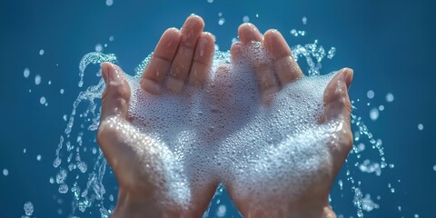 Fototapeta premium Water splashing between two hands creating bubbles in sunlight above clear blue background