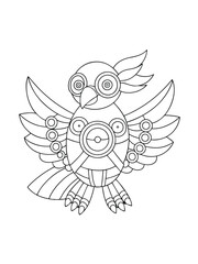 Steampunk Bird with Mechanical Wings – Industrial Fantasy Adult Coloring Page on White Background