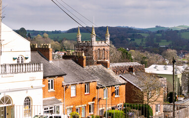 Blocks of traditional houses in Crediton. Early spring, Devon, England, Europe.