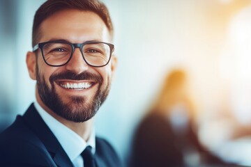 Fototapeta premium Professional man in suit smiling brightly in office setting with blurred background of colleagues at work