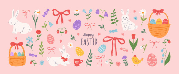 Fototapeta premium Collection cute elements for Easter. Hand drawn bunnies, bows, flowers and herbs, chicken, floral decoration, egg basket, Easter eggs. Spring lovely stickers. Vector flat illustration.
