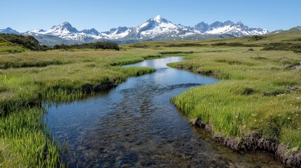 Alpine meadow stream reflecting mountain peaks.  Possible use Nature, landscape photography