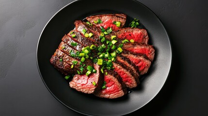 Grilled steak with green onions on black plate