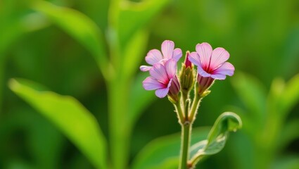 Close-up pink geranium flowers blooming with green leaves in soft natural sunlight, perfect for gardening, nature, spring themes, botanical backgrounds, floral decoration, fresh vibrant atmosphere