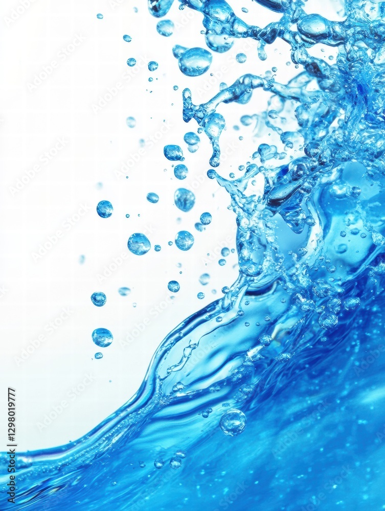 Aufkleber capture of water droplets splashing in a clear blue wave against a white background in bright lighti