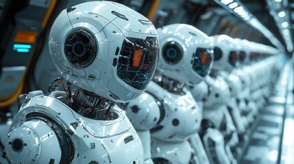 Fototapeta premium This image showcases a line of futuristic robots in a modern laboratory setting, emphasizing advanced technology and innovation. The robots look sleek and highly detailed.