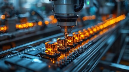 An automated manufacturing process showcases advanced machinery assembling electronic components in a vibrant factory setting with bright orange lights.