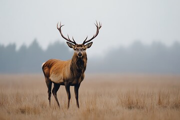 Fototapeta premium Majestic Red Deer: A magnificent red deer, adorned with impressive antlers, stands regally in a field with a blurred forest background, emanating a sense of strength and wilderness.