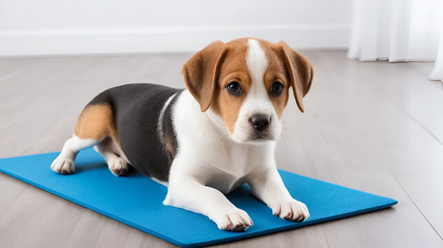 cachorro pequeno deitado em largada para treinos tapete de yoga