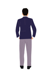 Businessman character wearing formal suit standing with arms in his pockets turned back, rear view. Asian business man. Vector realistic illustration isolated on white background.