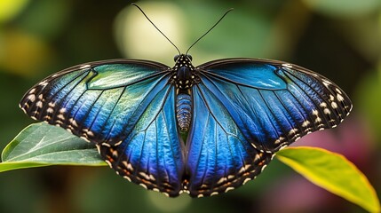 Breathtaking Blue Morpho Butterfly resting on a leaf its iridescent azure wings shimmering in the sunlight delicate veins running through its gossamer wings vibrant rainforest in the background