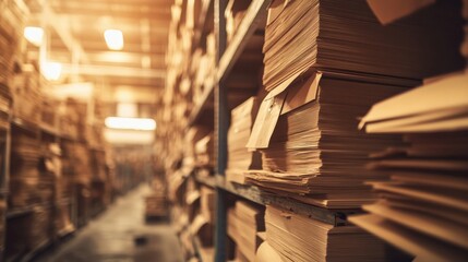 Obraz premium Neatly Stacked Posters on Shelves for Quality Inspection